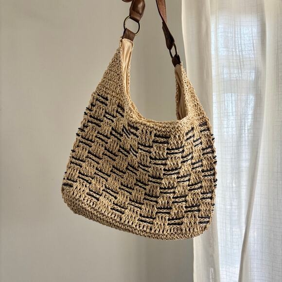 Sonoma Women's Beige Navy Woven Straw Crossbody Purse Lined - Picture 1 of 8